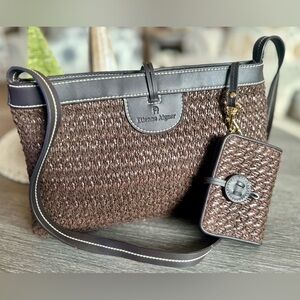 Etienne Aigner Dark Brown Woven Shoulder Bag w/ Mini Wallet Set Vintage